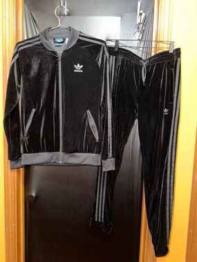 Adidas Originals Superstar Black Velvet track jacket, joggers w metallic Accents